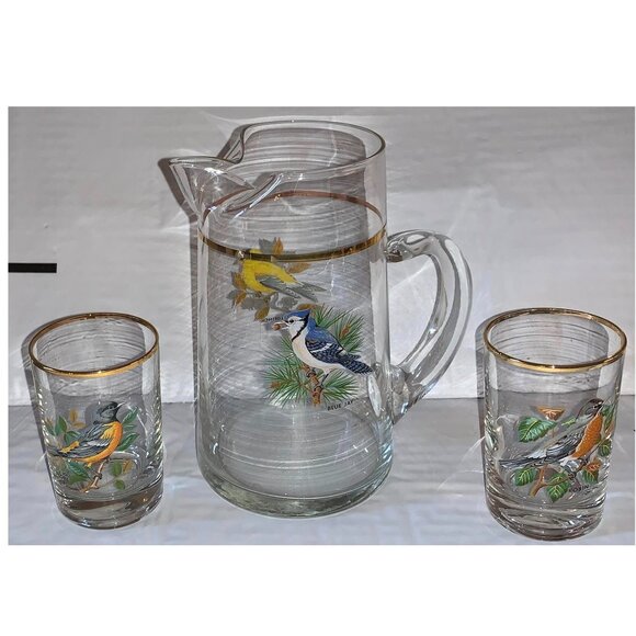 Vintage West Virginia Glass American Songbirds Pitcher w/ 2 Juice Glasses - Picture 1 of 3